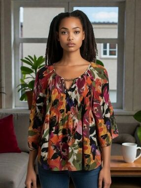 Spense Multicolor Floral Scoop-Neck Peasant Blouse
